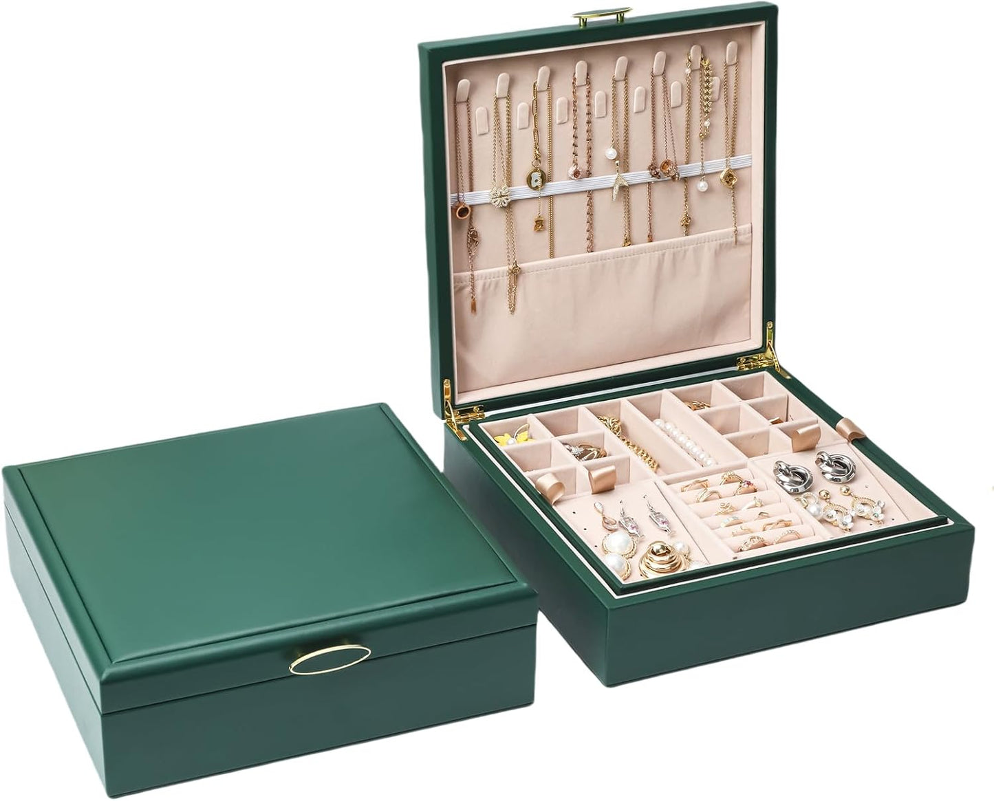 Caja joyas 2 capas con asa ganchos colgantes