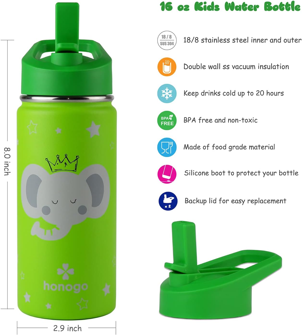 Botella agua niños acero inox 16oz a prueba fugas pajilla