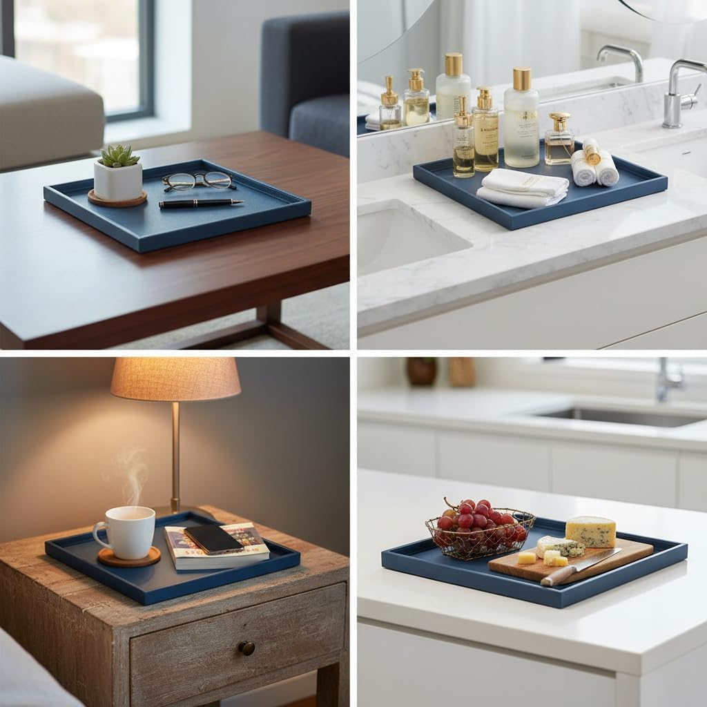 Bandeja otomana rectangular 50x50cm cuero PU azul resistente