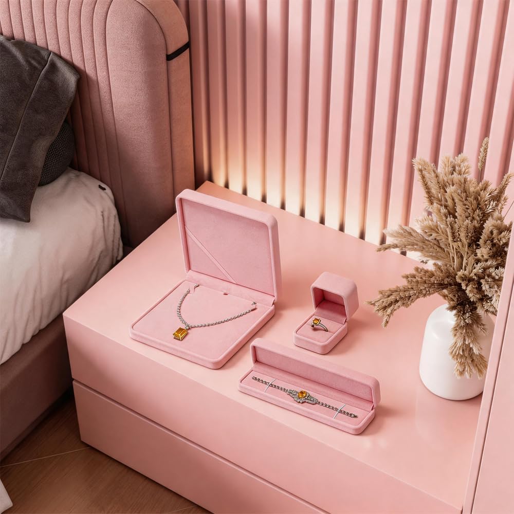 Caja terciopelo rosa para collar grande estuche joyas