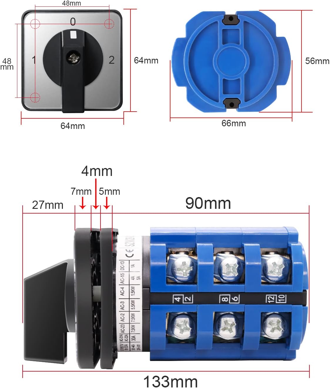 Interruptor transferencia AC 660V 3 posiciones 12 terminales
