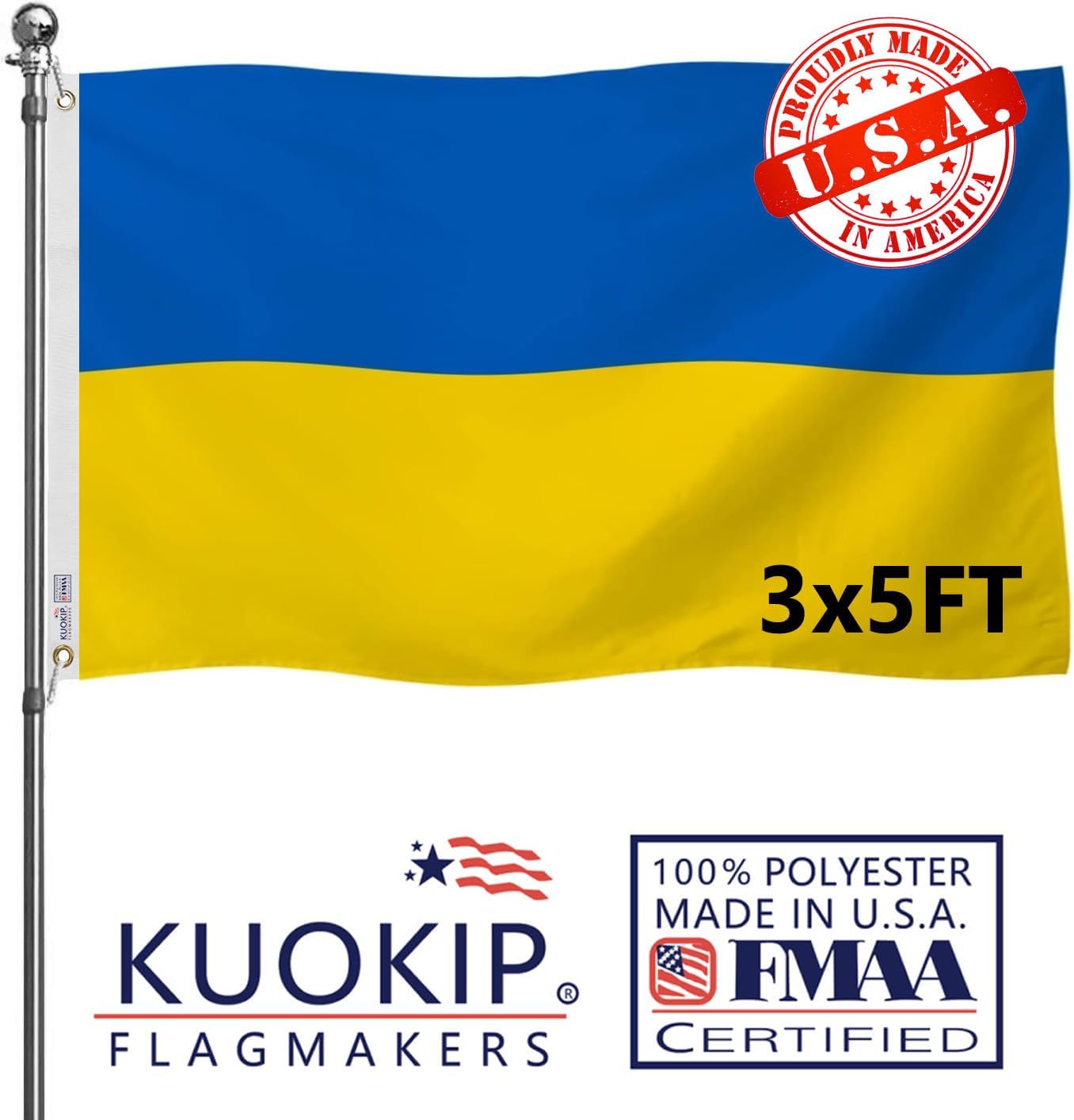Bandera Ucrania doble cara 3x5 poliéster cinta blanca