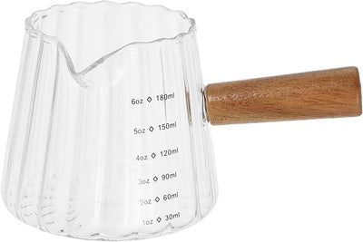 Vasos medidores vidrio borosilicato 6oz boquilla mango madera
