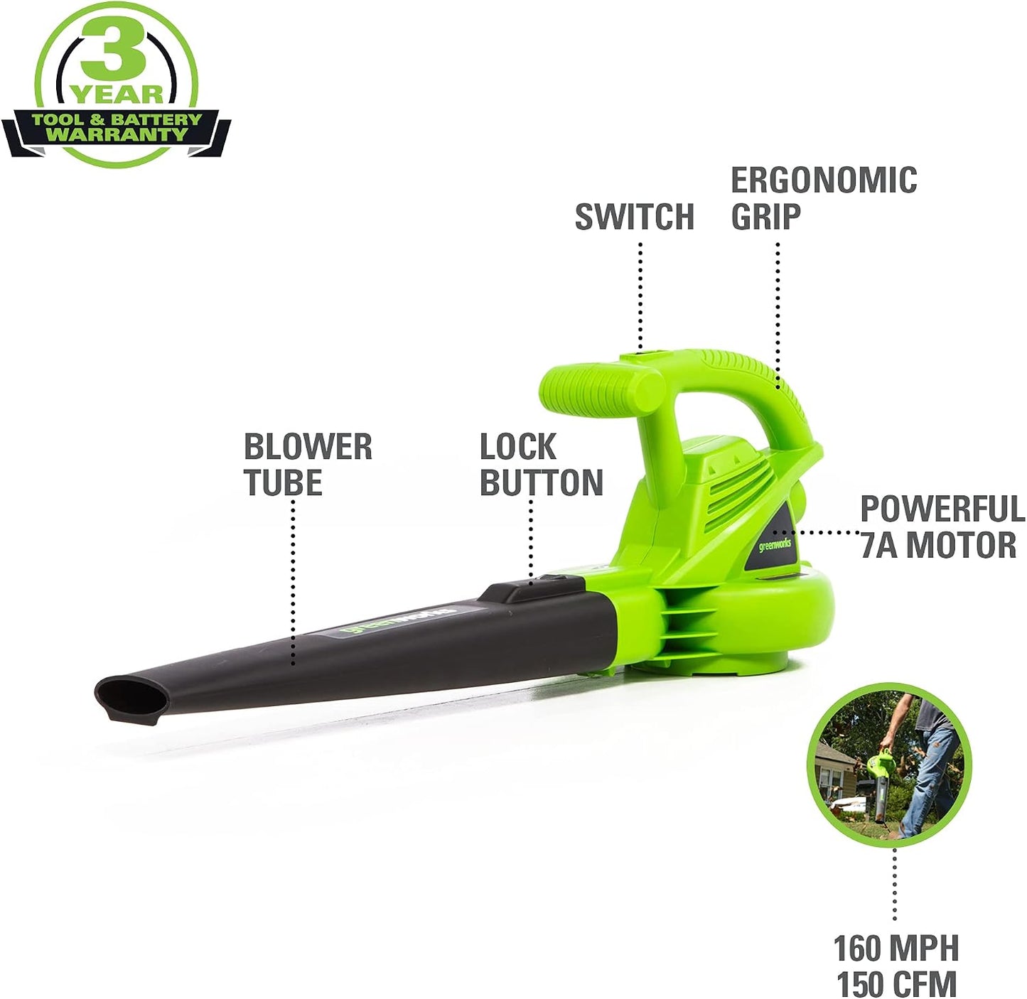 Soplador eléctrico Greenworks 7 Amp 257 KPH