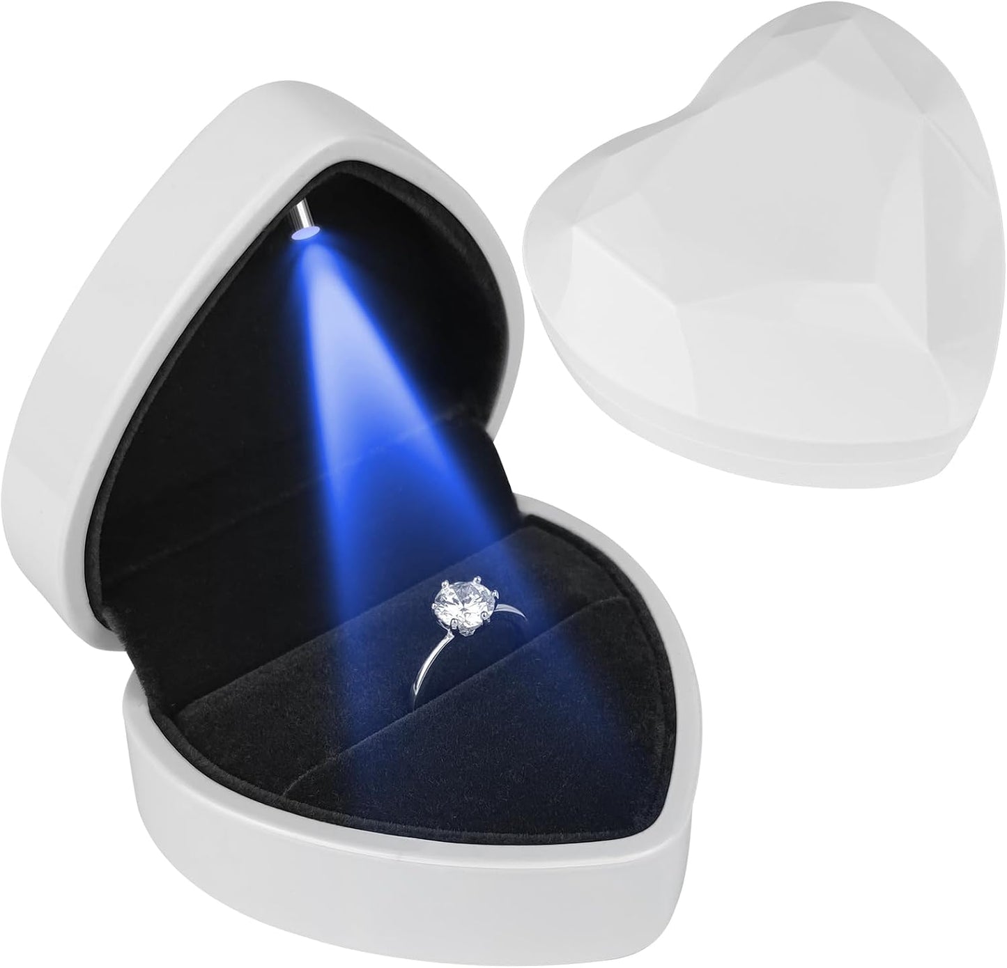 Caja anillo corazón con luz LED terciopelo para joyas boda