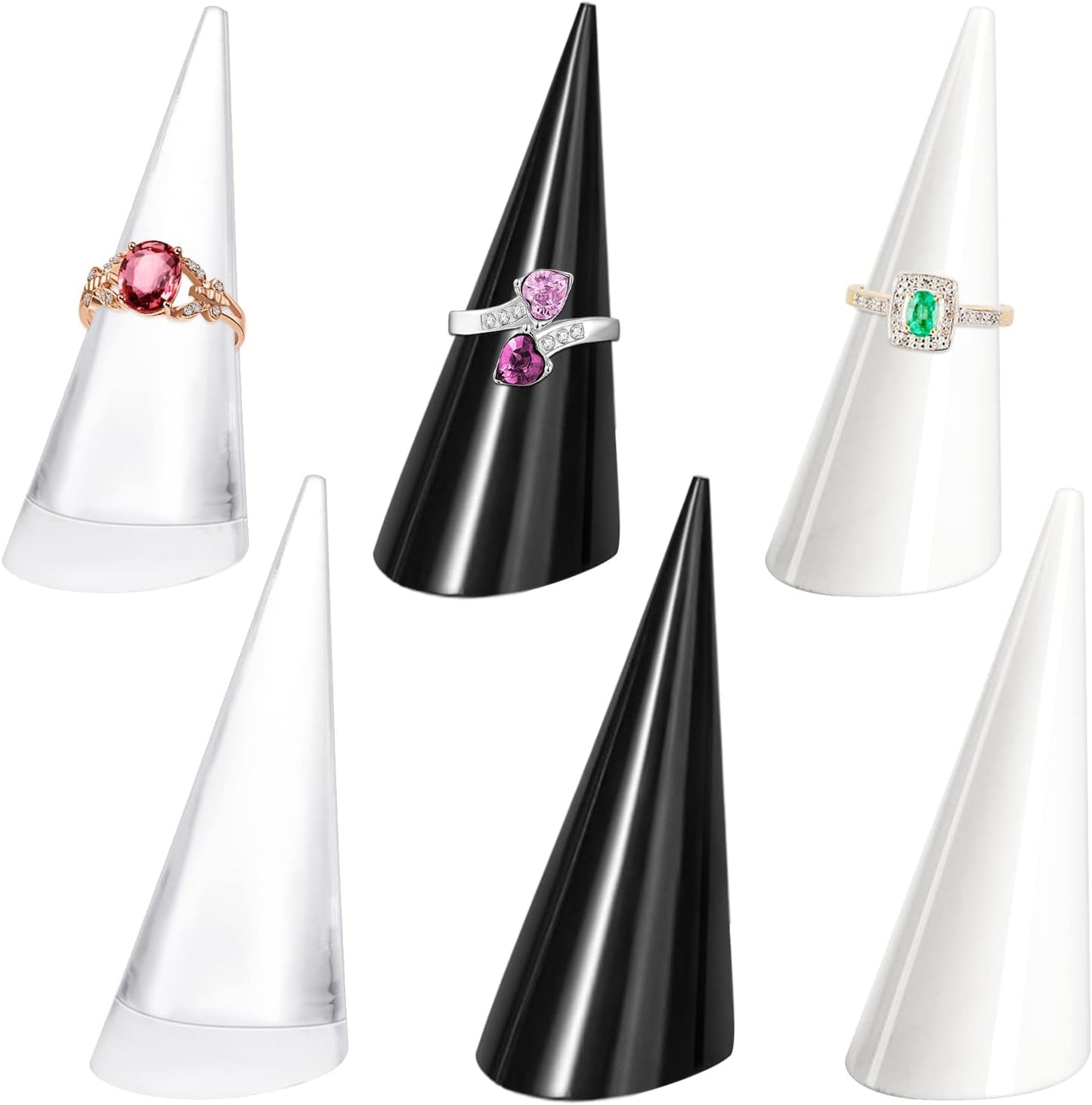 6 Pzas Soporte Anillo Acrílico Cono Joyas Negro Blanco