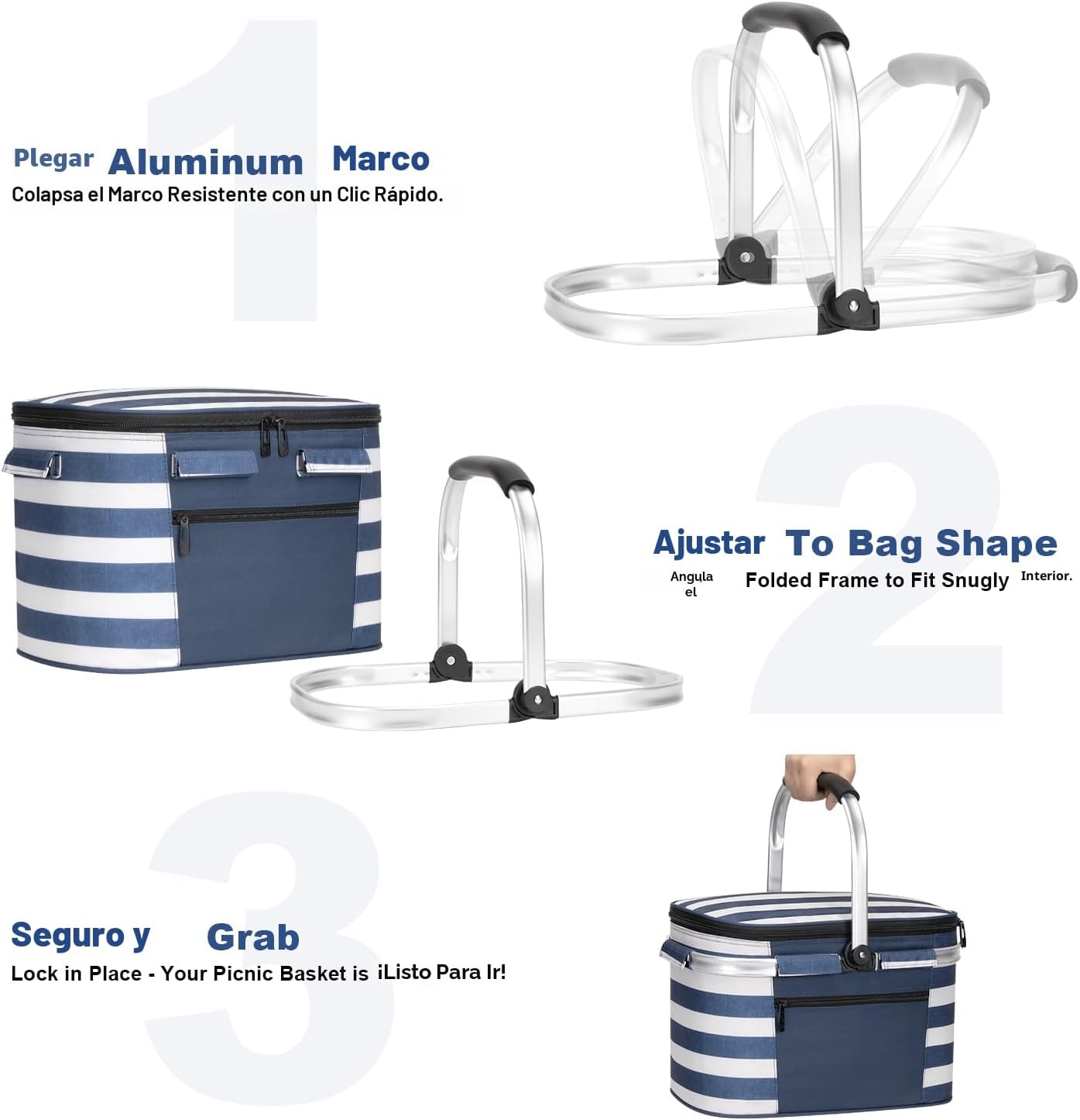 Cesta picnic aislada plegable con cestas extraíbles azul blanco