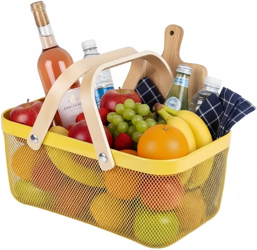 Cesta malla plegable con mango bambú cocina jardín pícnic
