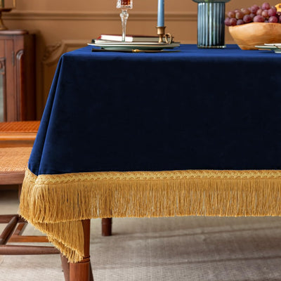 Mantel terciopelo azul borlas doradas 60x86pulg