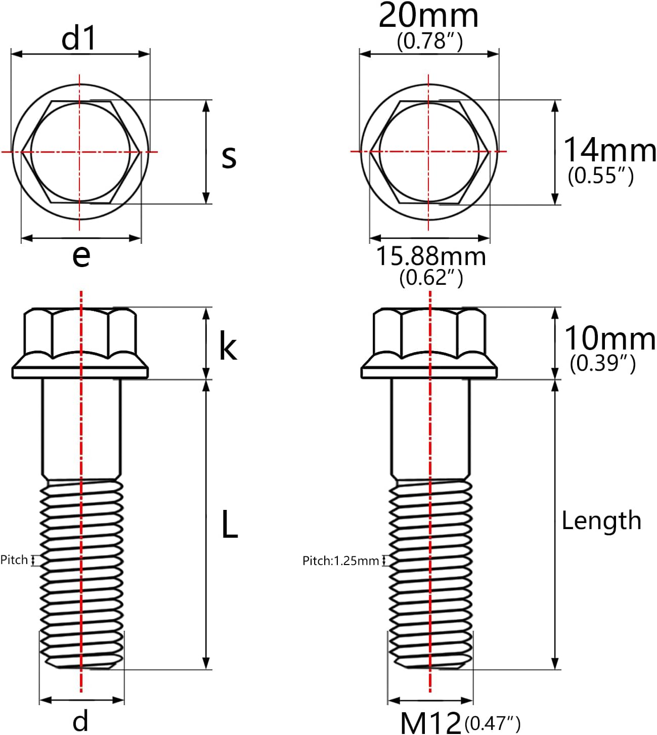 Tornillo titanio M12x30mm hexagonal set 4 plateado