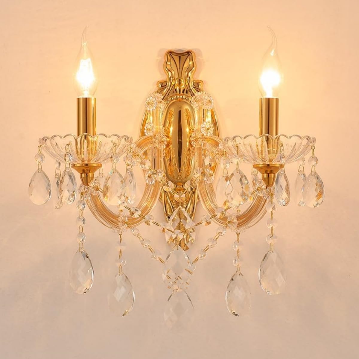 Aplique pared cristal dorado 2 luces sala dormitorio