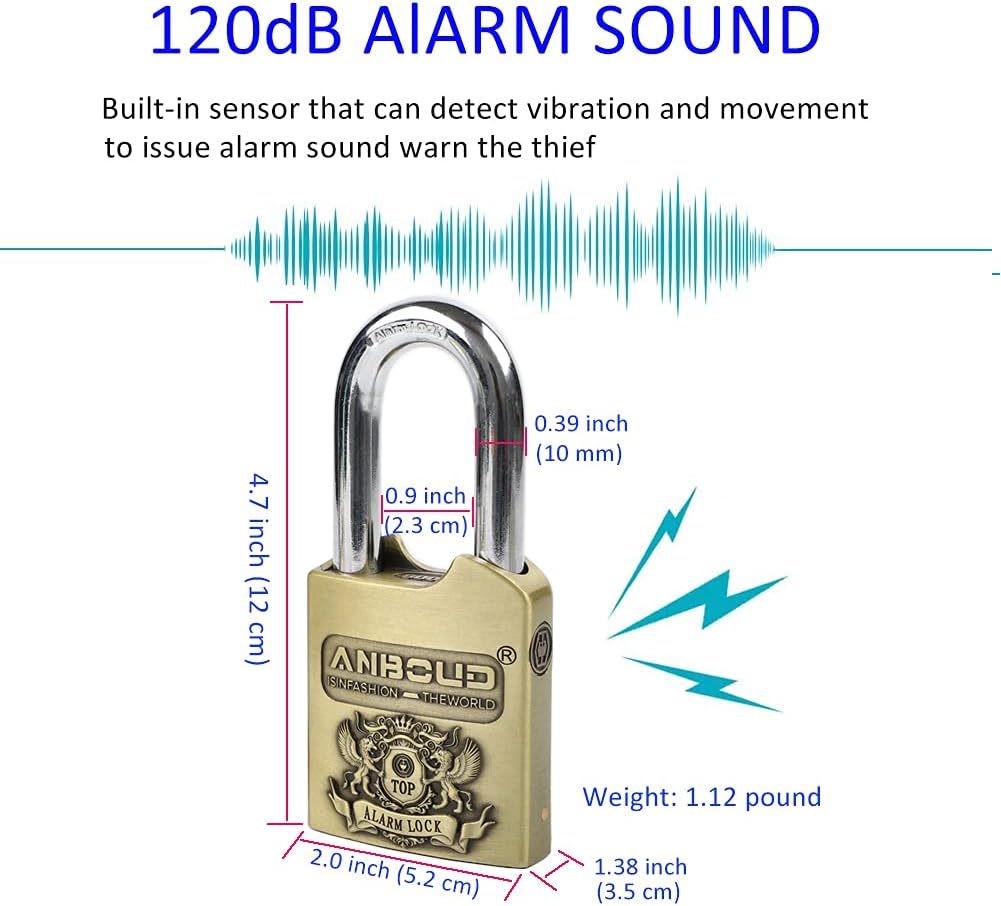 Candado antirrobo alarma 120dB 4 llaves bronce resistente