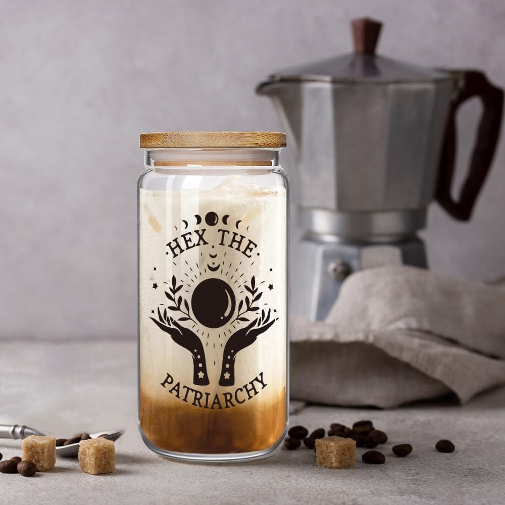Taza vidrio 16oz con tapas y pajitas regalo feminista