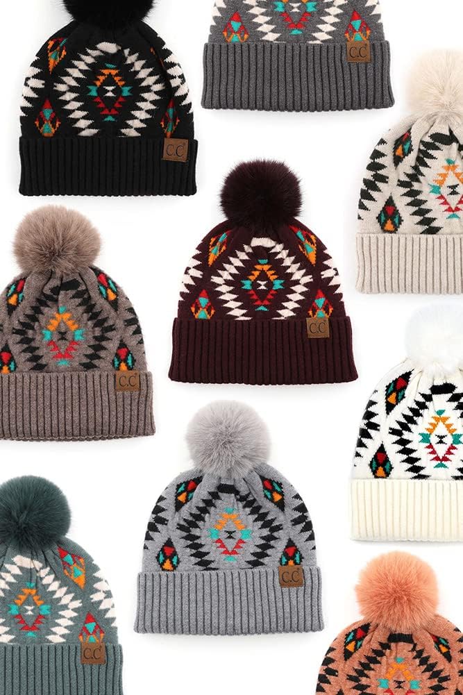 Gorro invierno punto azteca pompón piel sintética mujer