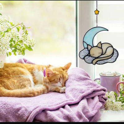 Decoración gato naranja luna azul vitrales colgantes