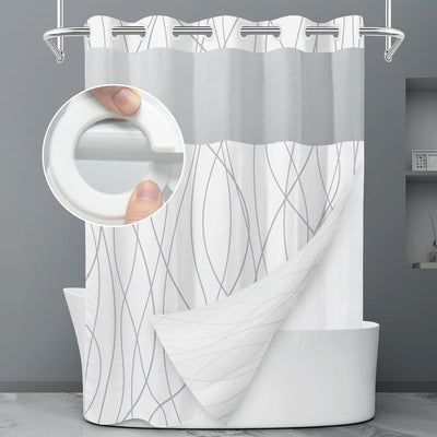 Set cortina ducha a rayas gris y blanco sin gancho 71x74pulg