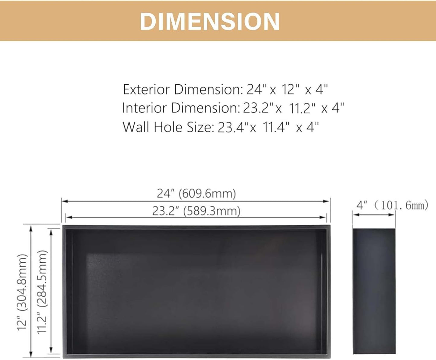 Nicho ducha negro mate 24x12" estante acero inox 304