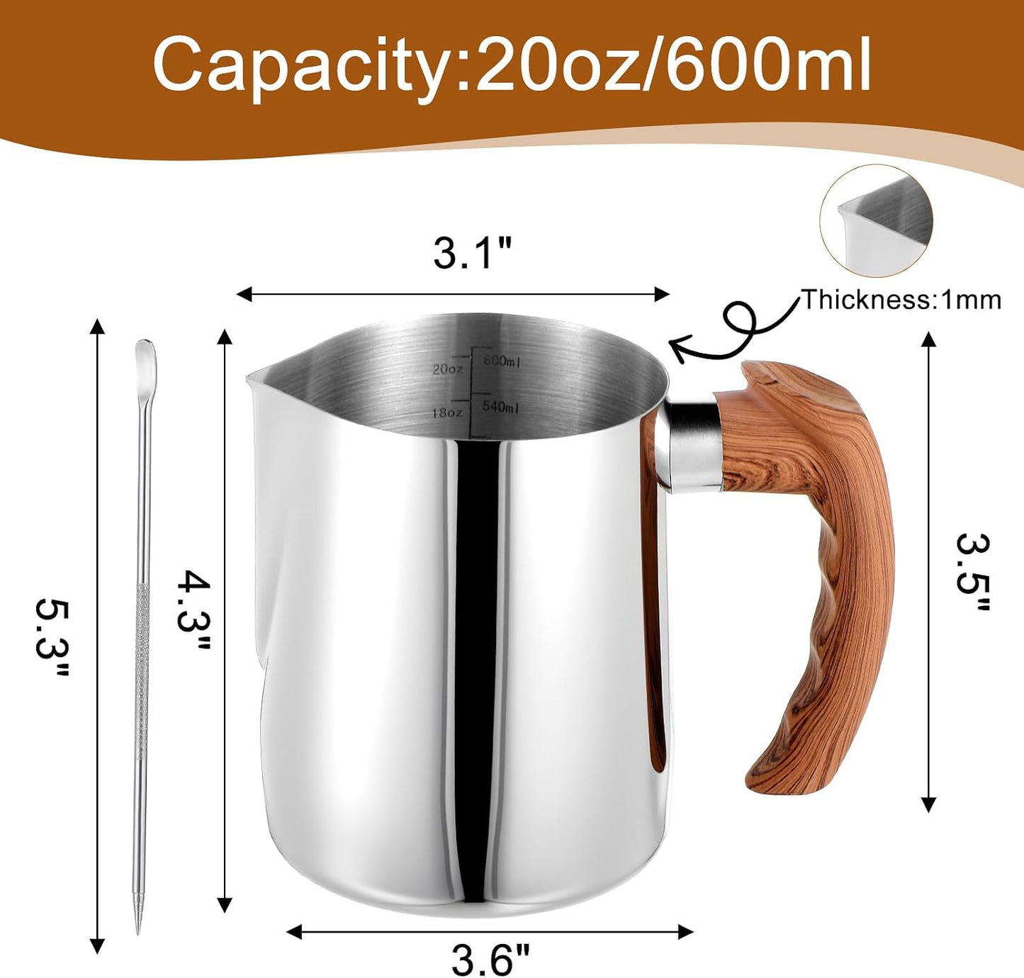 2 Jarras Espuma Leche Acero Inox 20oz con Mango Antiquemaduras