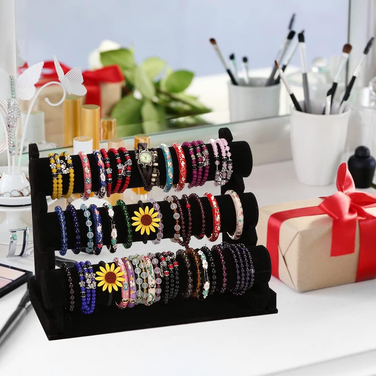 Soporte pulseras 3 niveles terciopelo negro organizador joyas