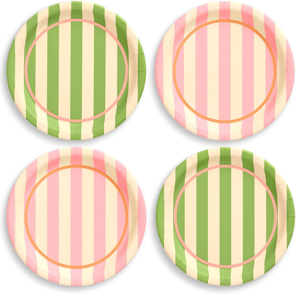 Platos de cabaña a rayas rosa y verde set 24