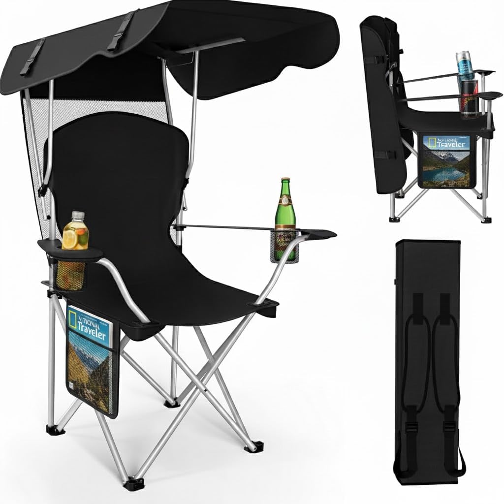 Silla camping plegable con toldo 600D Oxford Negro