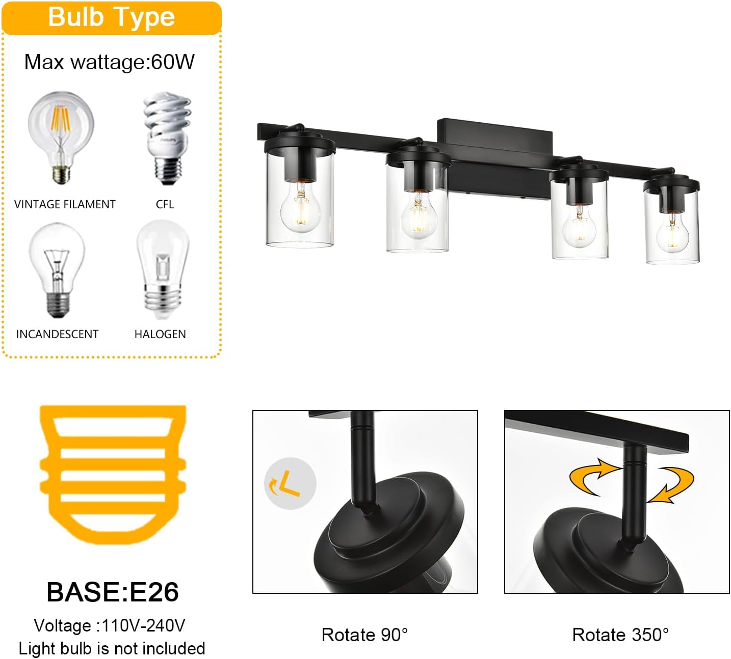 Kit focos techo 4 luces baño lámpara pared multidireccional