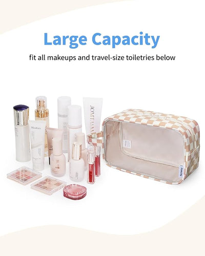Bolsa maquillaje transparente con cremallera y asa para viaje