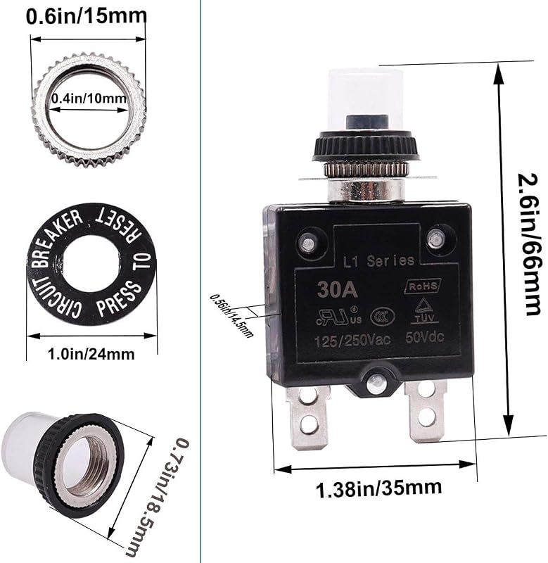 2 Disyuntores L1 30A 125/250V CA 50V CC con Botón Reinicio