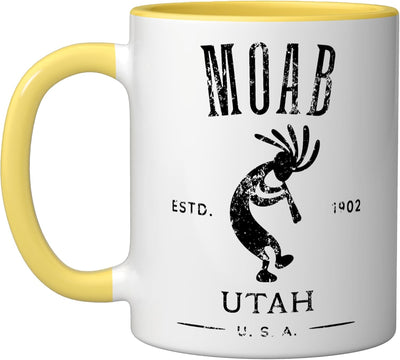 Taza cerámica Moab Utah Kokopelli diseño desgastado amarillo/blanco