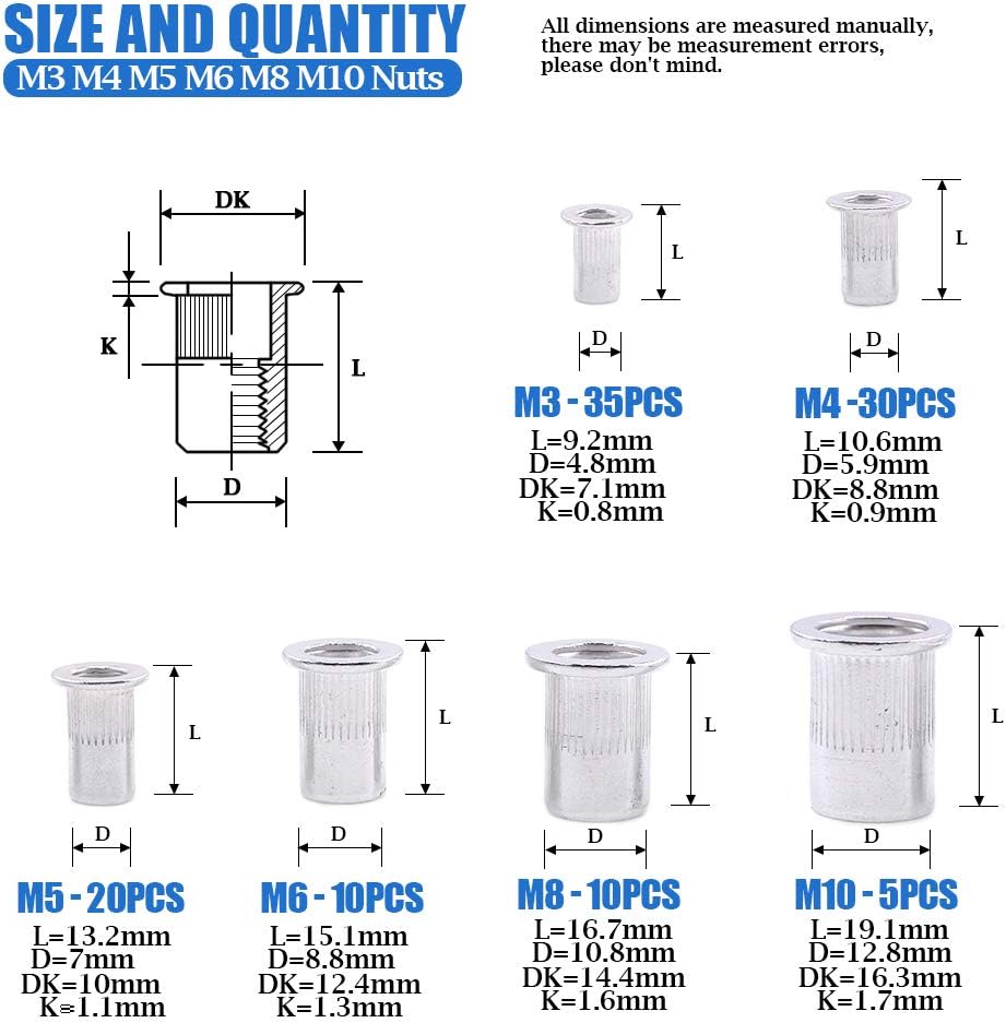 Kit 110 pzas tuercas remache M3-M10 aleación aluminio