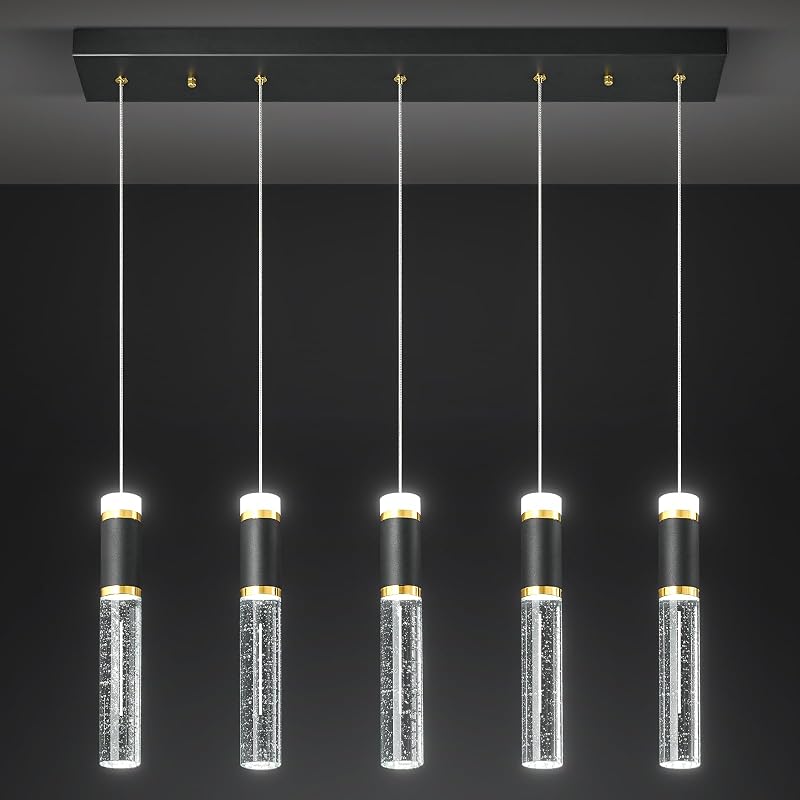 Luces colgantes isla cocina LED 5 luces oro negro cristal