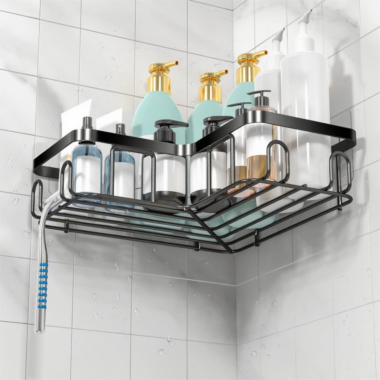 Organiz. estante ducha tipo caddy autoadhesivo negro