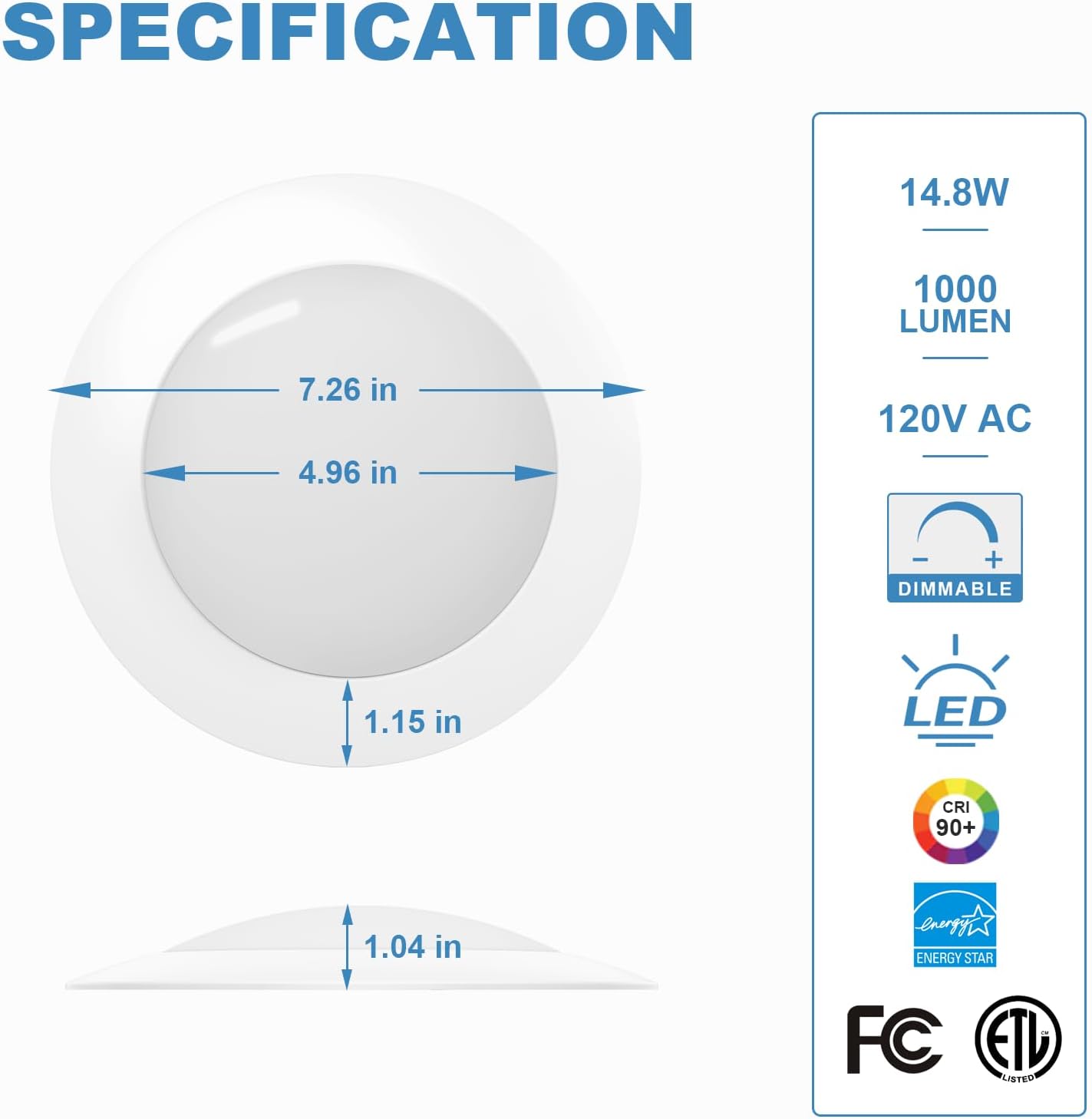 Luz techo embutida 5/6pulg LED regulable 14.8W 1000lm