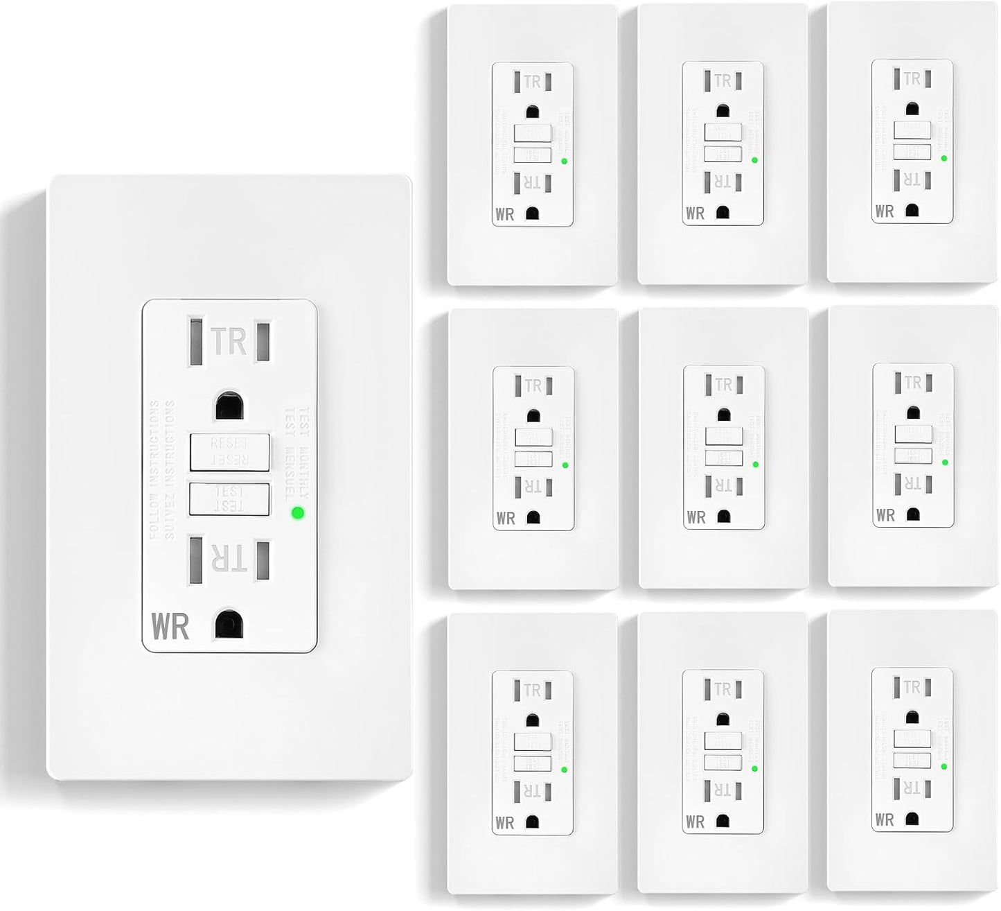 10 Tomas GFCI 15A Autocomprobación LED Resistente UL