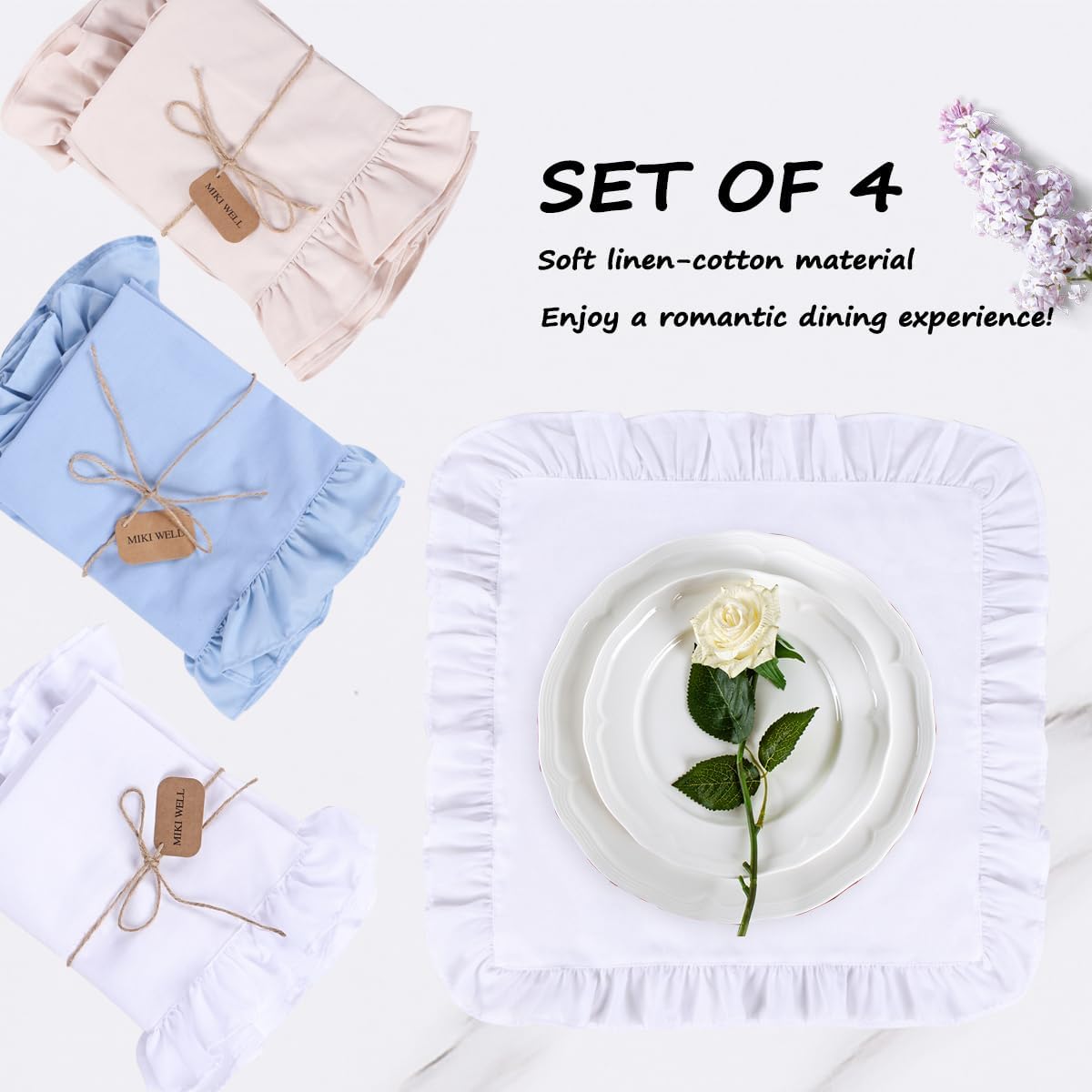 Set 4 Servilletas Lino Algodón 18x18pulg Lavables Blanco