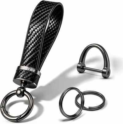 Llavero cuero fibra carbono anillo D antipérdida coche negro