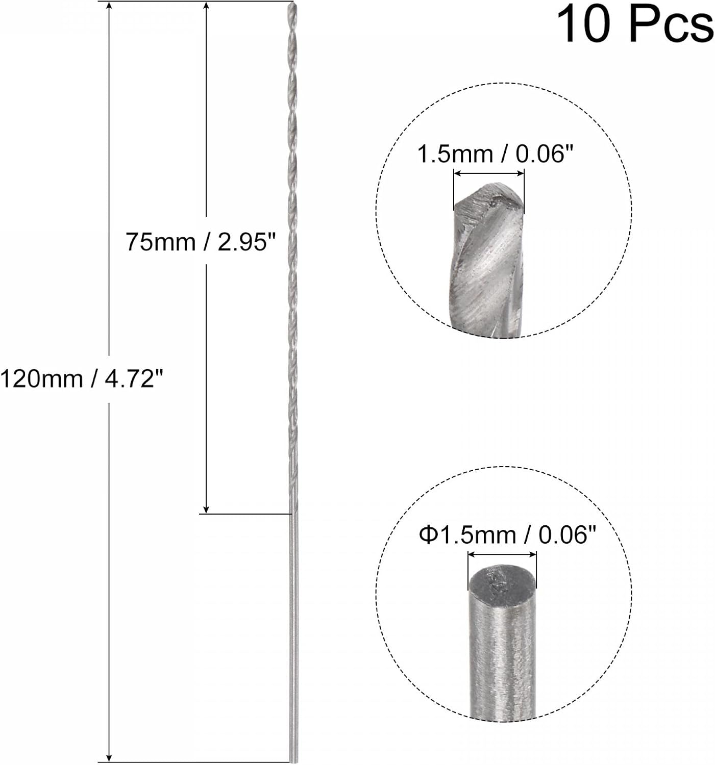 10 Pzas Brocas Twist 0.059pulg Vástago Largo para Aluminio