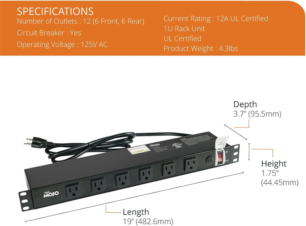 Regleta alimentación PDU 1U 12 tomas 12A UL cable 6 pies