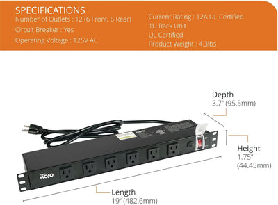 Regleta alimentación PDU 1U 12 tomas 12A UL cable 6 pies
