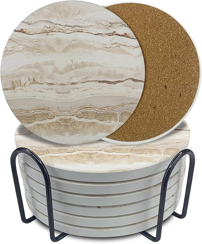 6 Pzas Posavasos Cerámica Textura Mármol con Soporte Corcho