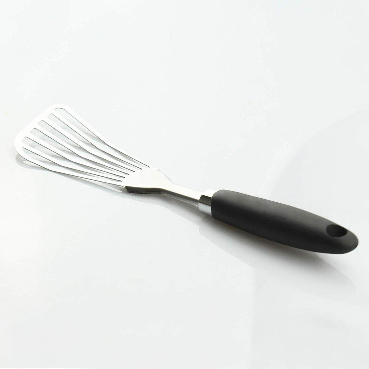 Espátula pescado acero inox 304 ranurada mango antideslizante negra