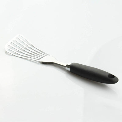 Espátula pescado acero inox 304 ranurada mango antideslizante negra
