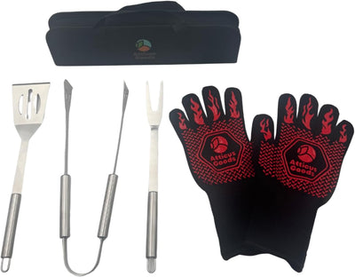 Juego de herramientas para asado de acero inoxidable con pinzas, espátula, tenaza y funda