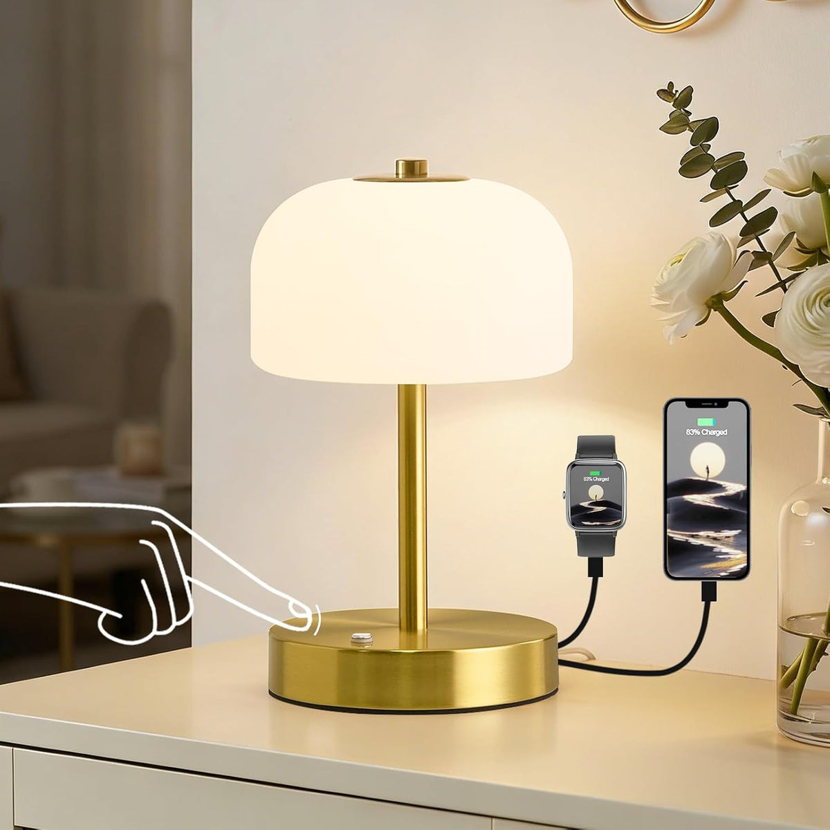 Lámpara Mesa Dorada Control Táctil 9pulg Puertos USB LED Regulable
