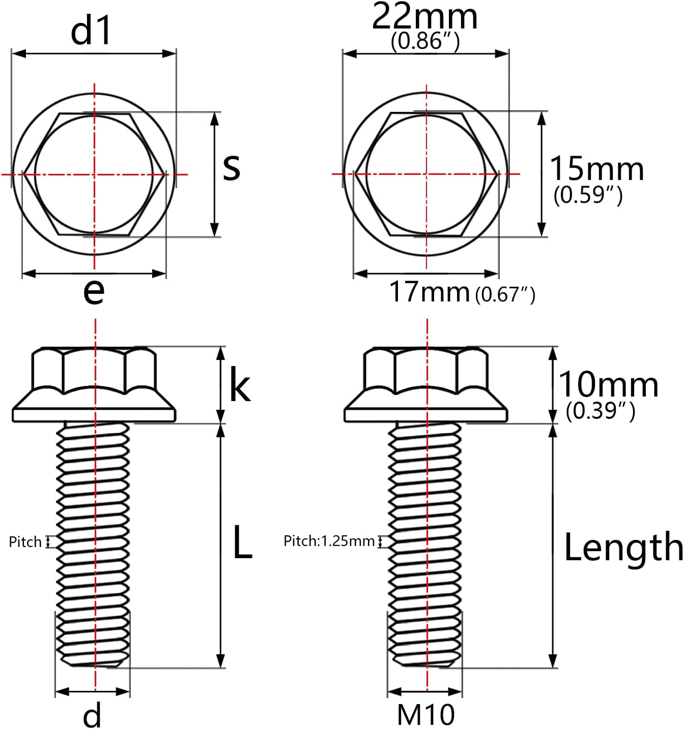Tornillo titanio M10x20mm paso 1.25 flanco hexagonal