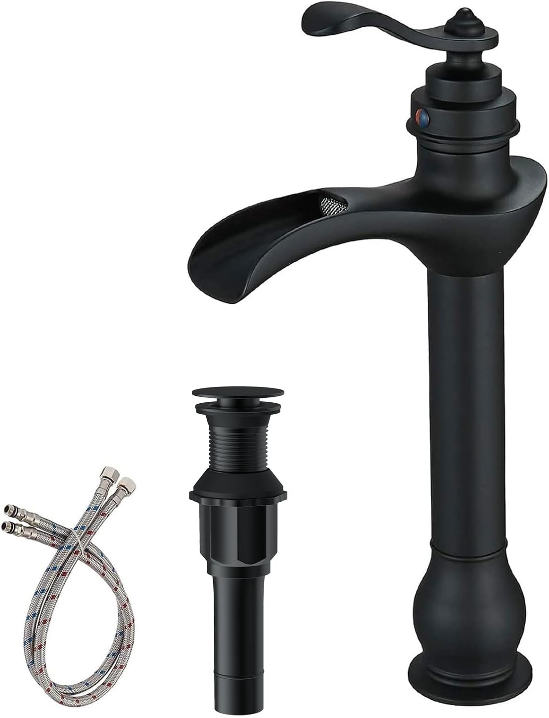 Grifo lavabo tipo vasija negro mate con manija y tapón