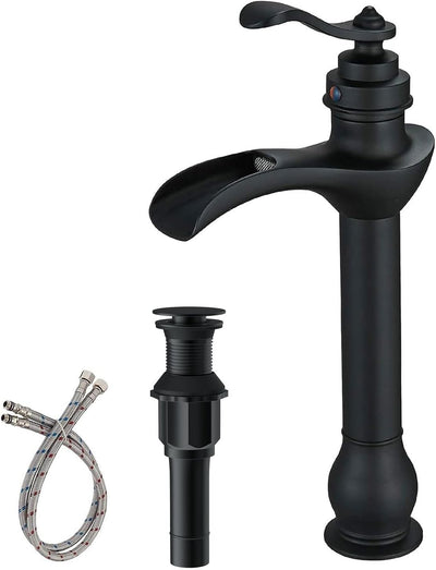 Grifo lavabo tipo vasija negro mate con manija y tapón