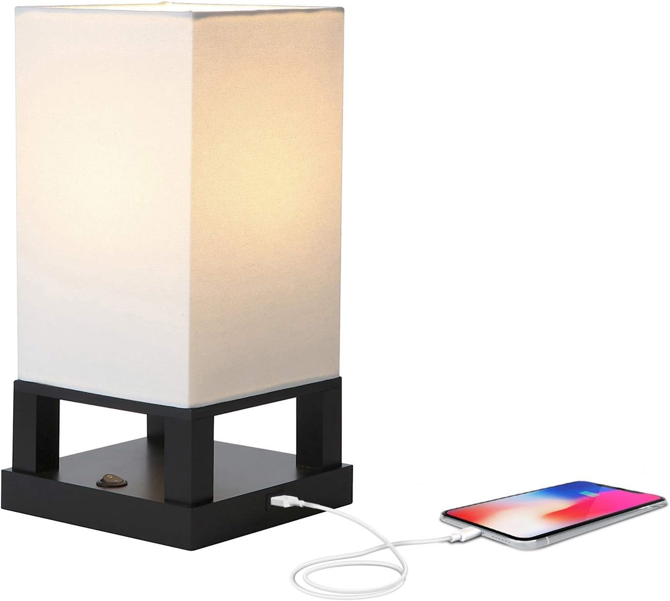 Set 2 lámparas pie y mesita con USB LED madera dormitorio