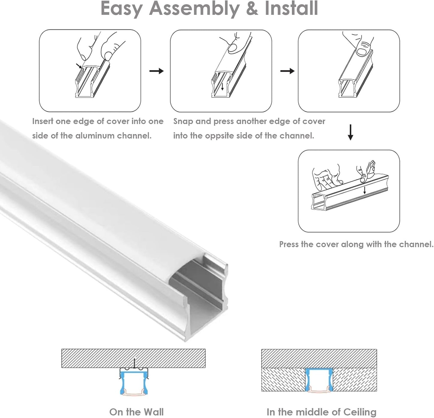 8 Canales LED Aluminio 6.6pies Difusor Plano Profundo
