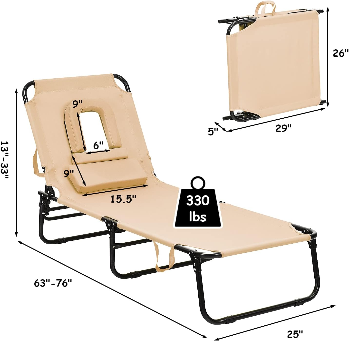 Sillón plegable playa 5 respaldos ajustables almohada